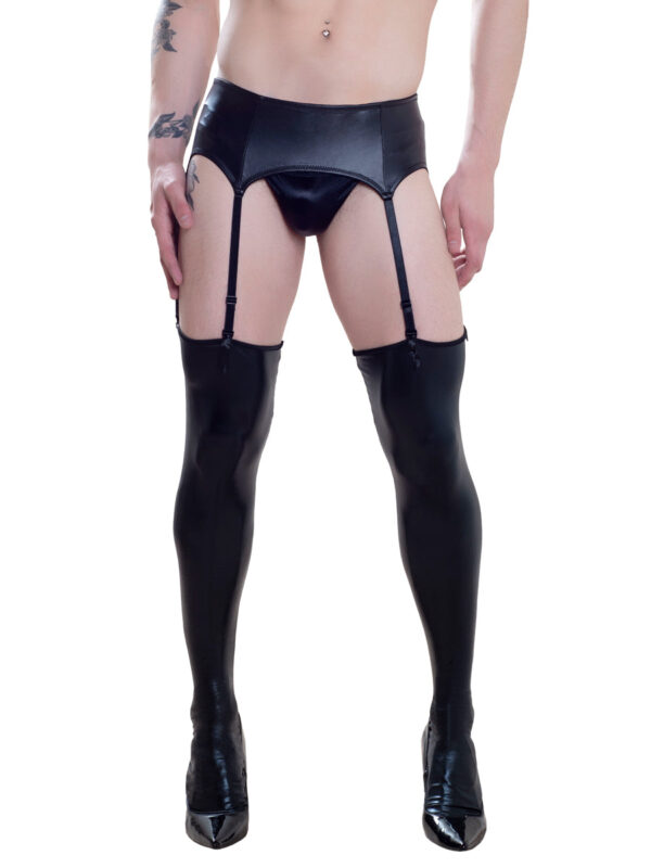 Men's Wet Look Stockings with Garter Belt - Image 2