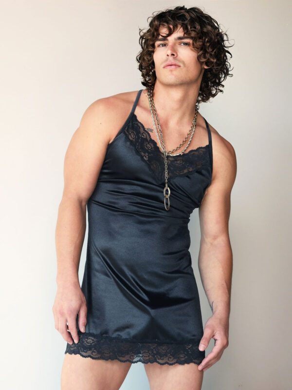 Men's Luxe Satin & Lace Chemise - Elegant Black Nightwear