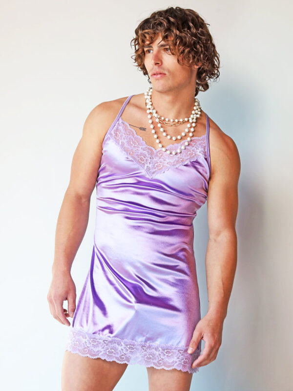 Elegant Satin & Lace Chemise for Men in Lavender