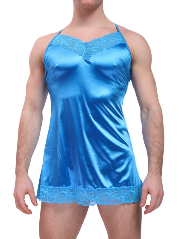 Luxe Satin & Lace Chemise for Men - Elegant Blue Design - Afbeelding 3