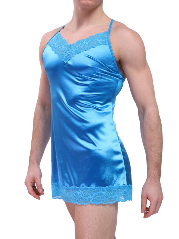 Luxe Satin & Lace Chemise for Men - Elegant Blue Design - Afbeelding 4