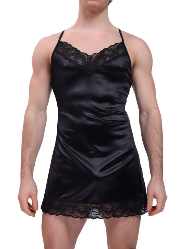 Men's Luxe Satin & Lace Chemise - Elegant Black Nightwear - 이미지 3