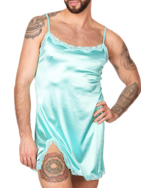 Men's Shimmering Satin Nightie with Lace Trim