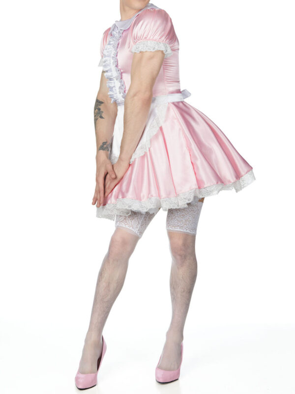 Men's Pink French Maid Dress Costume with Lace Apron - Image 2