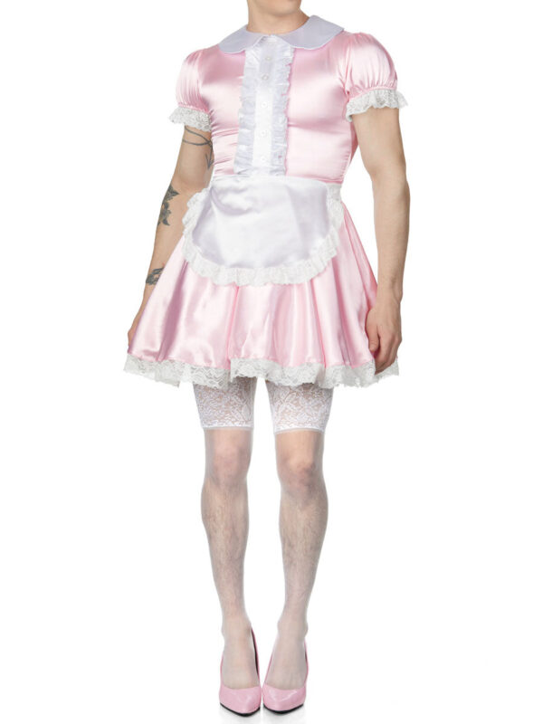 Men's Pink French Maid Dress Costume with Lace Apron