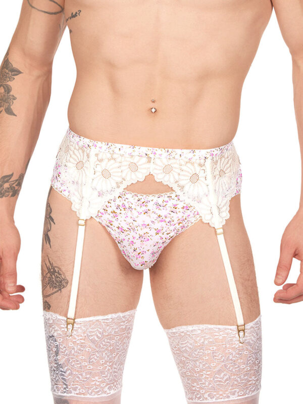 Men's Blossom Lace Floral Garter with White Stockings