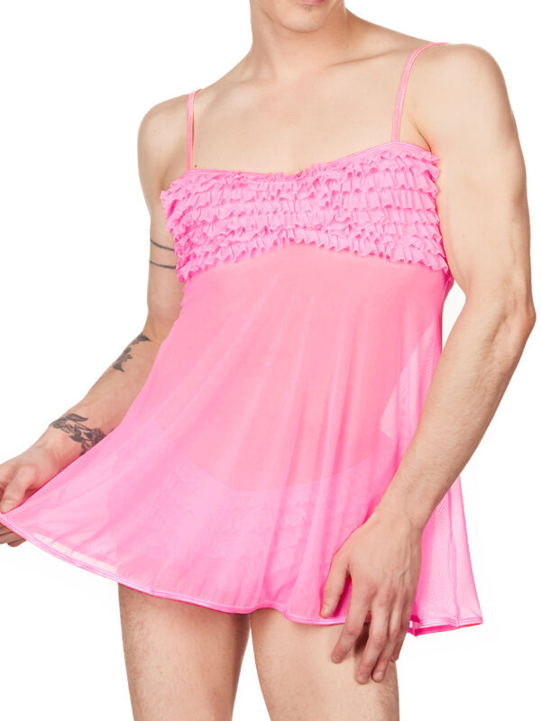 Men's Pink Mesh Babydoll Nightie with Ruffled Bust - Kuva 2