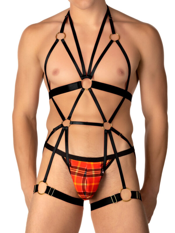 Men's Strappy Halter Bodysuit with Plaid Accents - Image 2