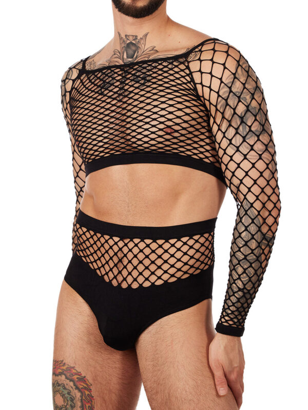 Men's Long Sleeve Fishnet Crop Top & High Waist Panty Set