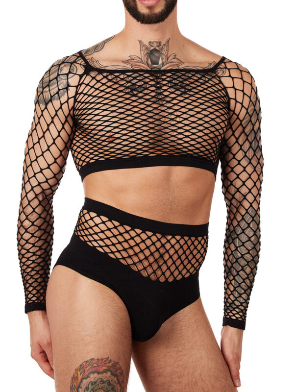 Men's Long Sleeve Fishnet Crop Top & High Waist Panty Set - Afbeelding 3