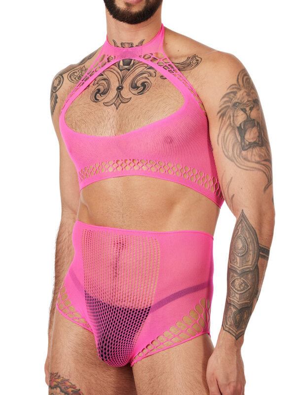 Men's Halter Crop Top & High Waist Panty Set - Pink - Image 3