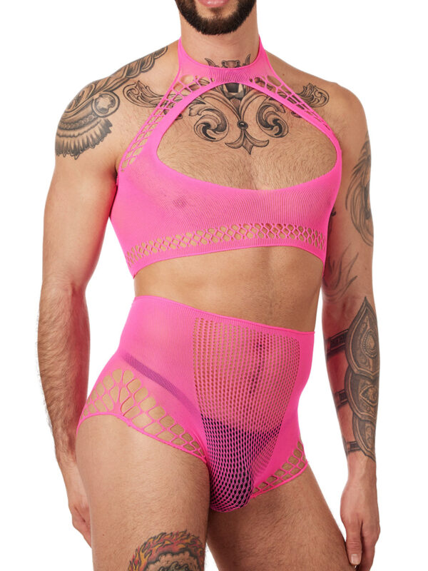 Men's Halter Crop Top & High Waist Panty Set - Pink