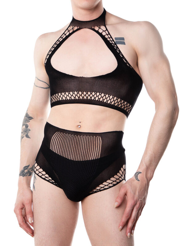 Men's Fishnet Halter Crop Top & High Waist Panty Set