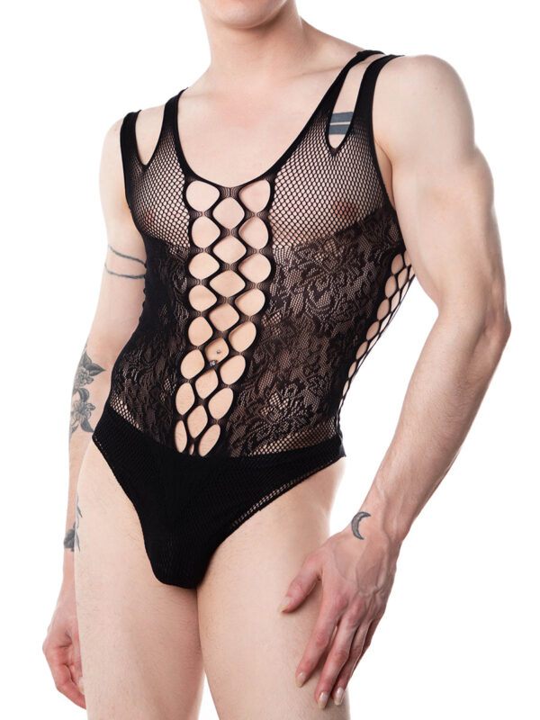 Bodysuit med nät och spets för män'- sexig och elegant stil