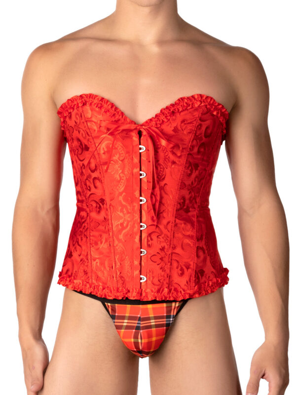 Men's Red Brocade Pattern Corset with Ruffle Trim