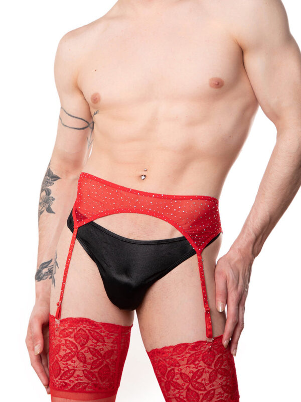 Men's Rhinestone Garter Belt with Red Lace Stockings