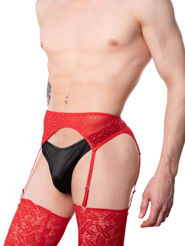 Men's Rhinestone Garter Belt with Red Lace Stockings - Image 2