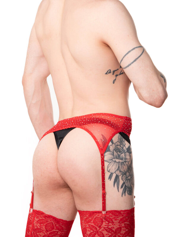 Men's Rhinestone Garter Belt with Red Lace Stockings - Image 3