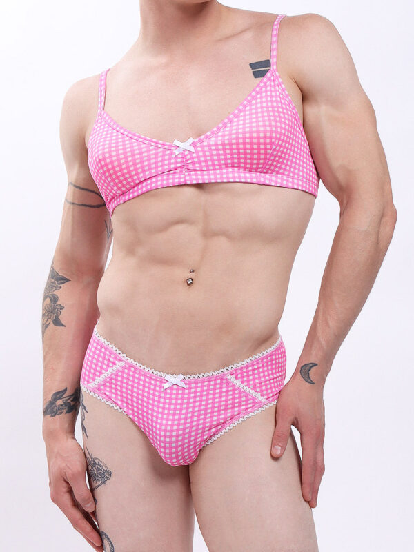 Men's Pink Gingham Garden Bralette and Brief Set - Image 2