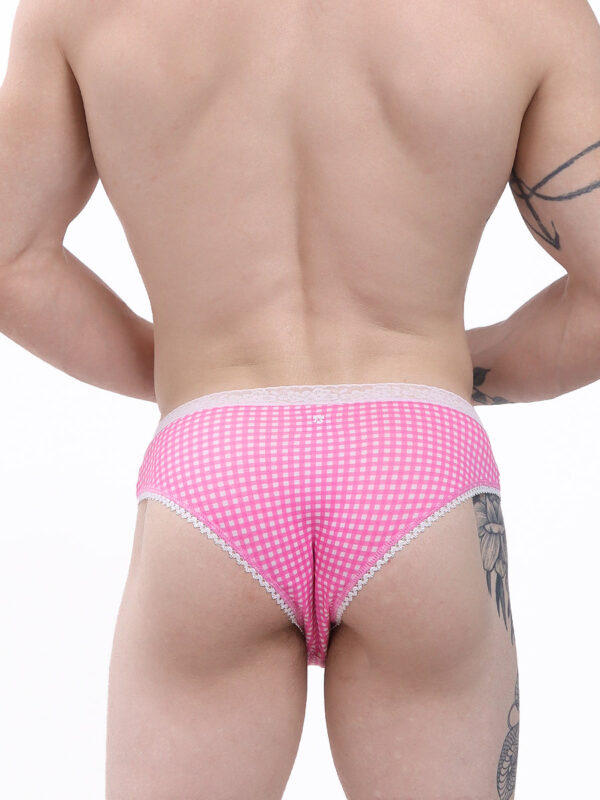 Men's Pink Gingham Pattern Lace Trim Panty - Image 4