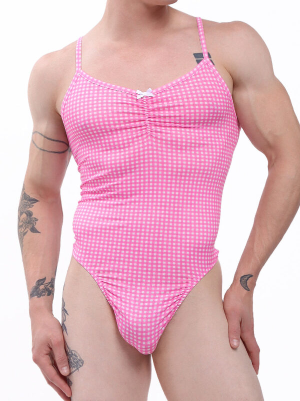 Men's Pink Checkered Garden Thong Bodysuit - Image 2