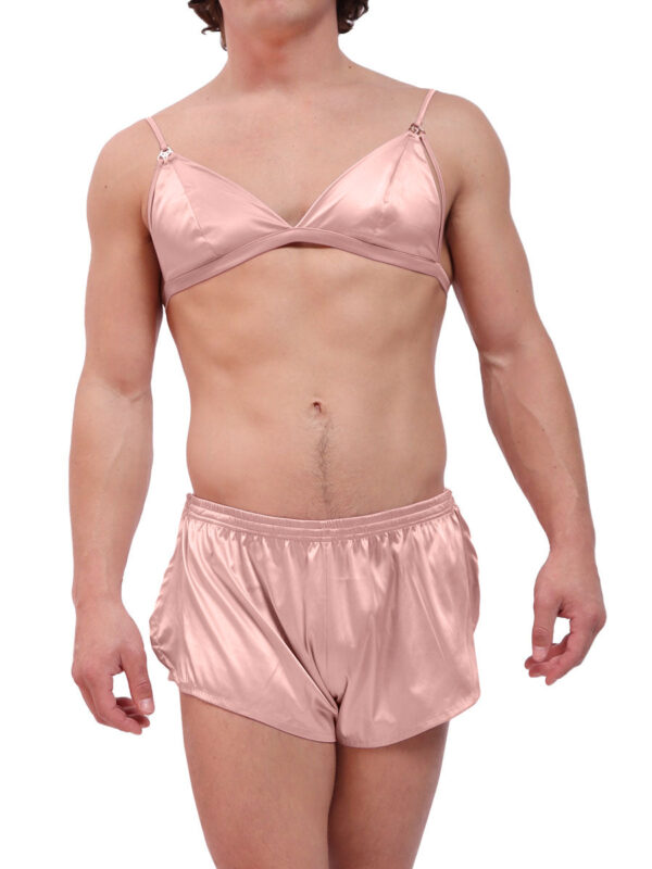 Men's Silky Pink Triangle Bralette and Shorts Set - Image 2