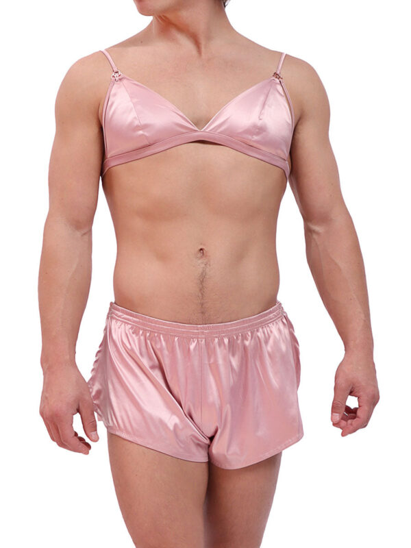 Men's Silky Pink Triangle Bralette and Shorts Set - Image 3