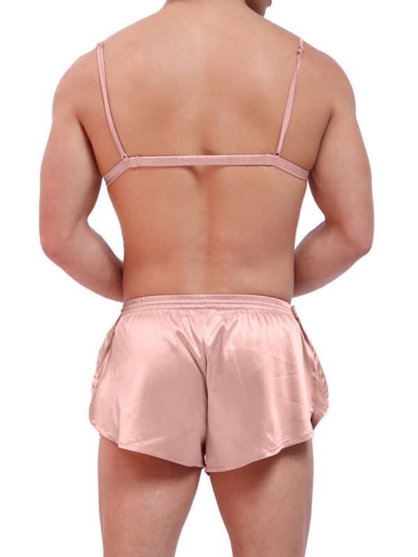 Men's Silky Pink Triangle Bralette and Shorts Set - Image 4