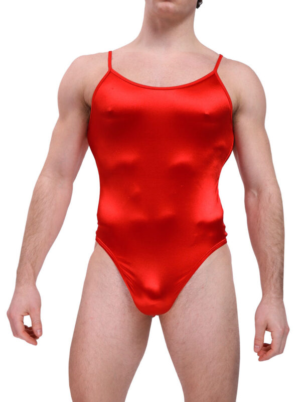 Men's Luxe Red Satin Thong Bodysuit - 이미지 2