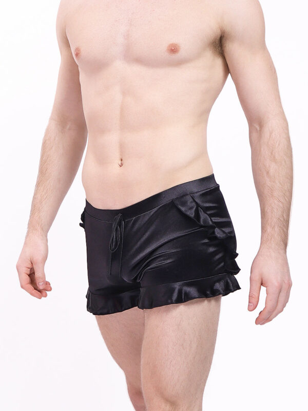 Men's Luxe Satin Ruffle Shorts - Black Silky Sleepwear - Afbeelding 4