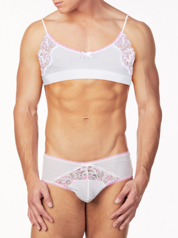 Men's Pink and White Lace Bralette and Brief Set