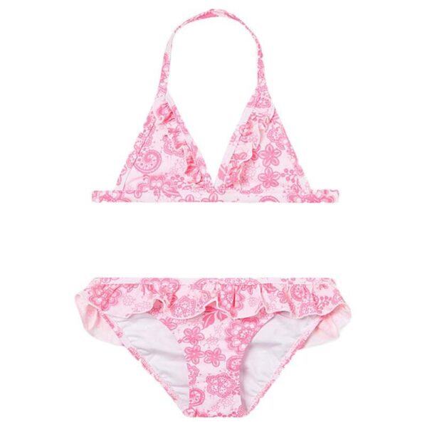 Conjunto de bikini infantil con volante floral rosa para niñas